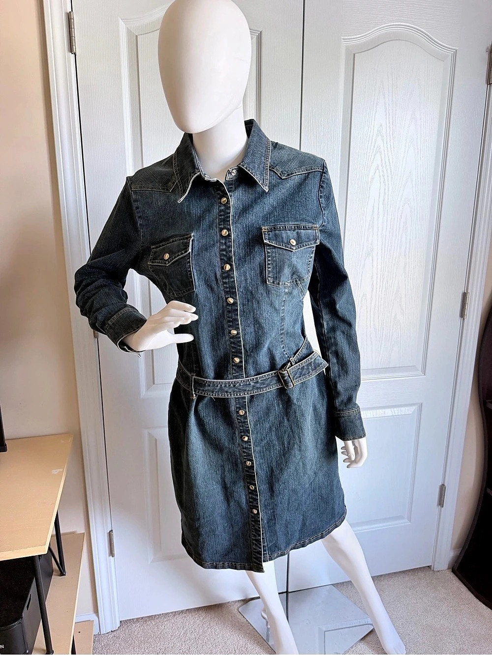 Moda International Dark Wash Cotton Denim Shirt Dress in Blue Size 12 Like New